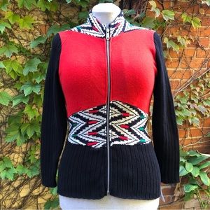 Keystone Sweater Upcycled Zip Up Black Red 80’s Medium Fall Cotton Wool